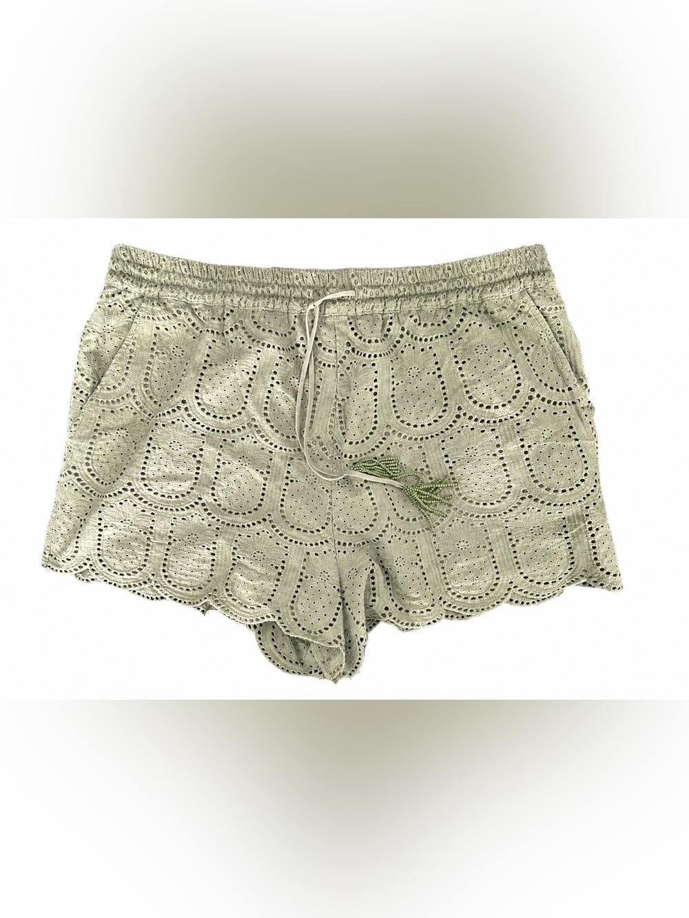 FARM Rio Olive Eyelet High-Waist Scallop Hem Shorts